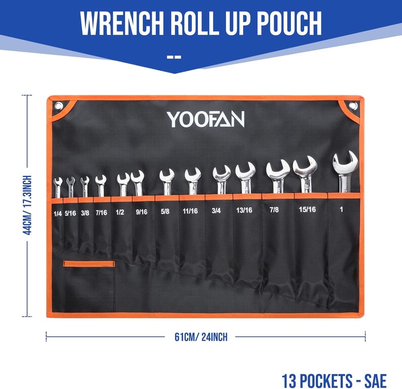 YOOFAN Wrench Roll Up Pouch – Wrench Organizer with 13+1 Pockets, Wrench Bag with handle, Wrench Holder for Hanging, Orange - SAE - Image 2